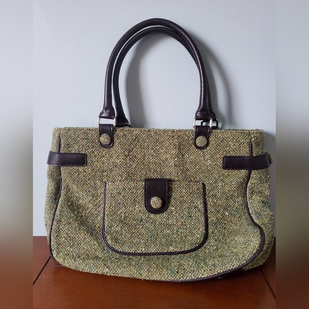 LOFT Green Tweed Tote with Dark Brown Trim